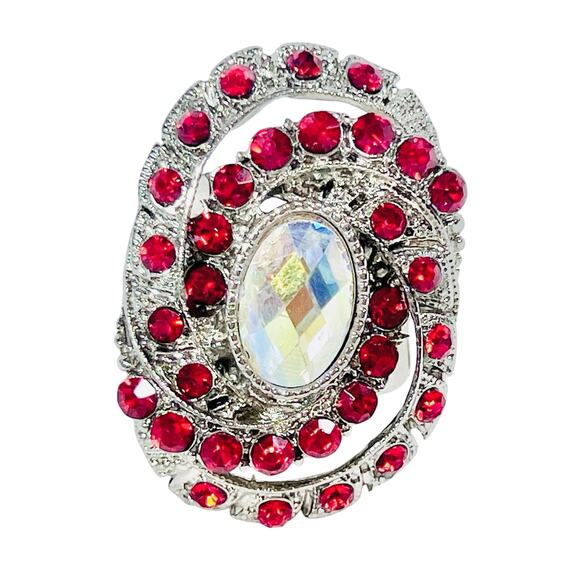 Extra Large Red Ruby Swirl Ring Crystal Diamond Stretchable Faux Jewelry 3.8cm - Picture 2 of 8